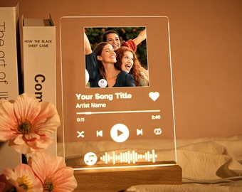 Plaque musicale personnalisée, avec support en bois LED, plaque musicale personnalisée, format A5, veilleuse LED, toutes les photos, toutes les chansons, cadeau photo et musique