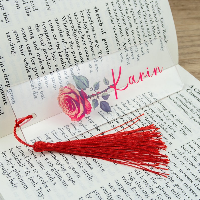 Custom Name Bookmark, Clear Acrylic Birth Flower Bookmark With Tassel