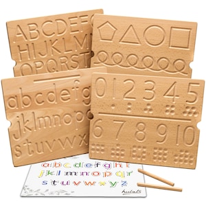 Shapes & Numbers, Double-Sided Wooden Alphabet Tracing Board, Learn to Write for Kids Ages 3-5, Montessori Wooden Letter Tracing