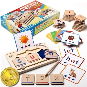 May include: A wooden CVC word game for kindergarteners. The game includes a wooden board with letter slots, wooden letter tiles, flashcards, and a box. The box reads "Word Magic Game for Kindergarten". The game is designed for kids ages 3-5.