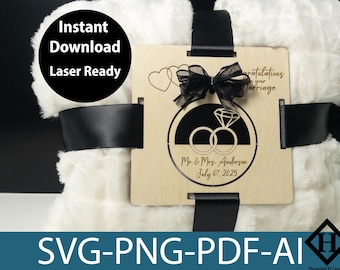 May include: A white faux fur blanket with a wooden sign attached to it. The sign has a black and white illustration of two rings with a diamond, the text "Congratulations on your Marriage", "Mr. & Mrs. Anderson", and "July 07, 2025".