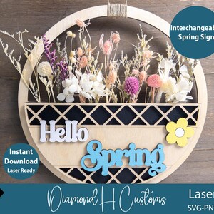 Signe interchangeable de panier de fleurs de printemps, fichiers découpés au laser, décoration de fleurs séchées, décoration murale saisonnière, impression d'art mural SVG, signe de printemps au laser Bonjour le printemps
