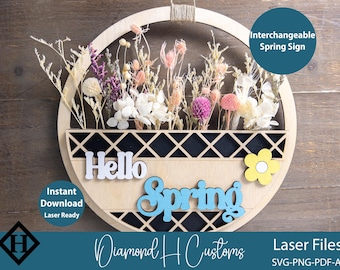 Austauschbare Frühlingsblumen Korb Zeichen Laser Cut Dateien Trockenblumen Dekor saisonale Wand Kunst Design SVG Frühling Zeichen Laser Hallo Frühling