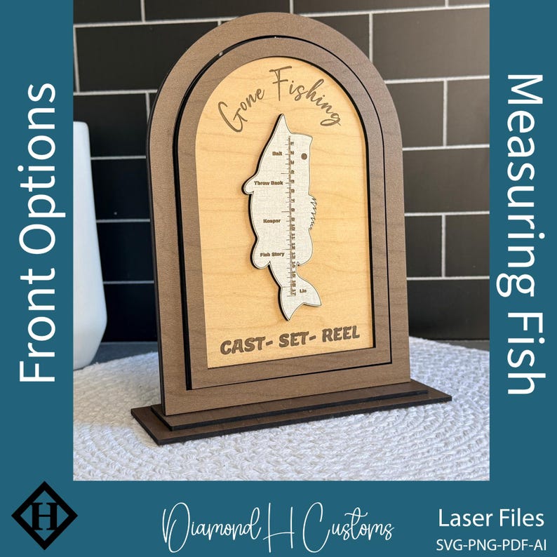 Laser Cutting File Digital Download Wooden Fishing Counter Display Project DIY Fisherman Gift Tackle Box Design Fish Caught Tracker Gone Fishing Sign Perfect Father Day Present Spinning Counter Numbers Interchangeable Elements Cabin Decor