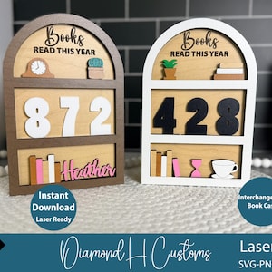 May include: Two wooden book counters with the text "Books READ THIS YEAR". One is brown with white numbers "872" and the name "Heather". The other is white with black numbers "428". Both have decorative elements.