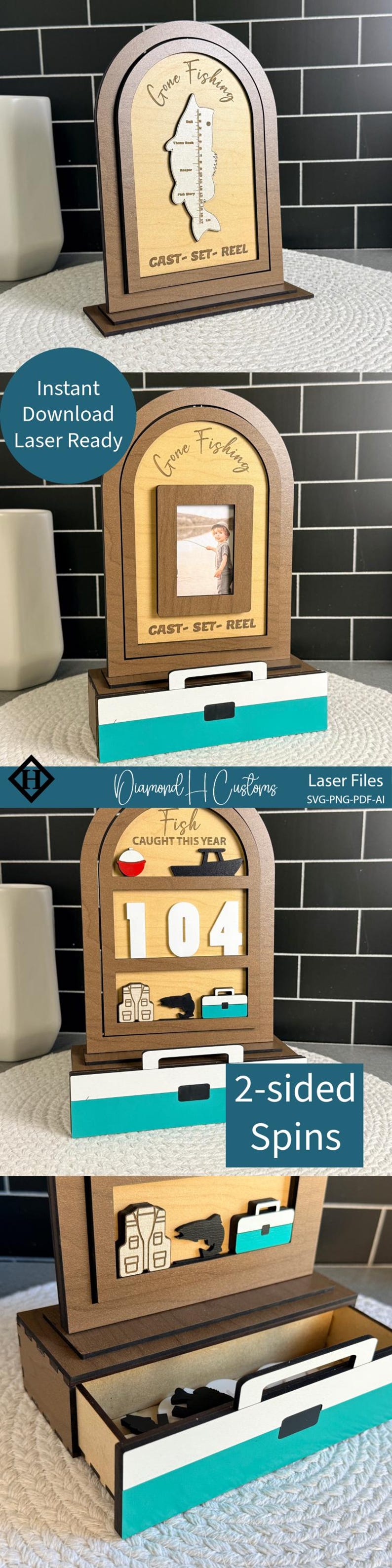 May include: Wooden fishing-themed decor with a brown frame and a light wood interior. The design includes a fish-shaped ruler, the words "Gone Fishing" and "Cast-Set-Reel". The base has a white and teal stripe.