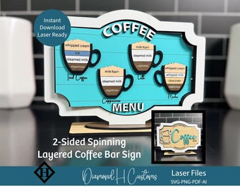 Enseigne de bar à café découpée au laser, affichage de menu boutique, fichier numérique gravé, centre de filature design, décoration murale de cuisine, idées de station, tableau de recettes de café