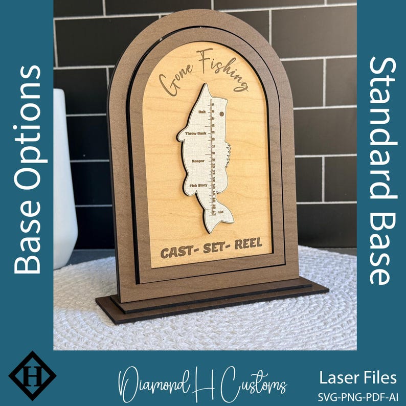 Laser Cutting File Digital Download Wooden Fishing Counter Display Project DIY Fisherman Gift Tackle Box Design Fish Caught Tracker Gone Fishing Sign Perfect Father Day Present Spinning Counter Numbers Interchangeable Elements Cabin Decor