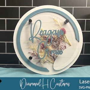 Decoração de parede para berçário Placa redonda com nome, flor seca, acrílico, placa frontal para quarto de bebê, arquivo cortado a laser, placa com nome em camadas 3D, arte de parede com nome infantil SVG