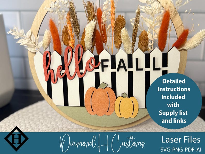 Interchangeable Hello Fall Sign SVG Laser Cut File Autumn Pumpkin Door ...