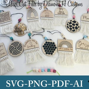 May include: A collection of laser cut wooden car air fresheners with various designs and sayings. The designs include a rainbow, a honeycomb, a sun, a heart, and a swirl pattern. The sayings include "yes this is your car", "mama", "be still", "probably late for something", "seek a sunshine day", and "stay brave fearless".