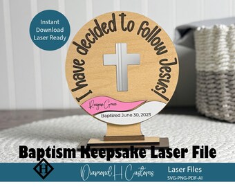 Support souvenir de baptême fichier découpé au laser Svg en téléchargement numérique cadeau de baptême bébé croix religieuse design cercle en bois personnalisé nom Date