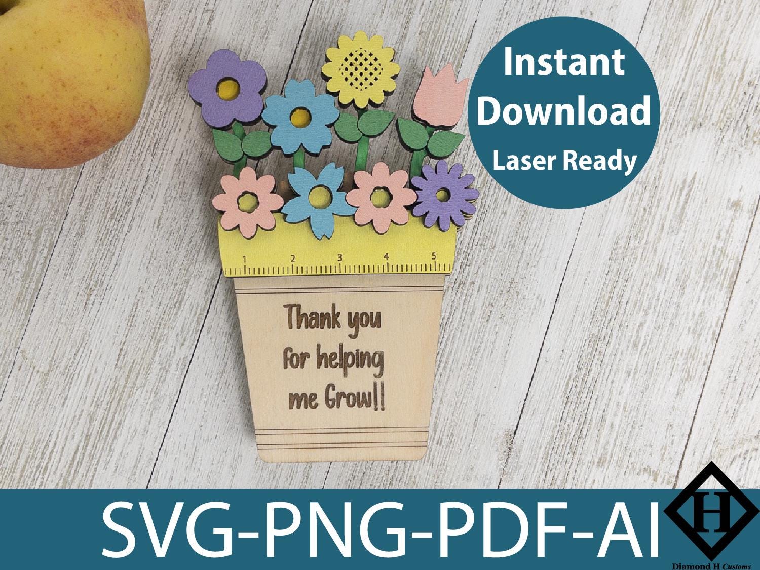Teacher Appreciation Gift Laser Cut File Flower Pot Ruler SVG Thank You ...
