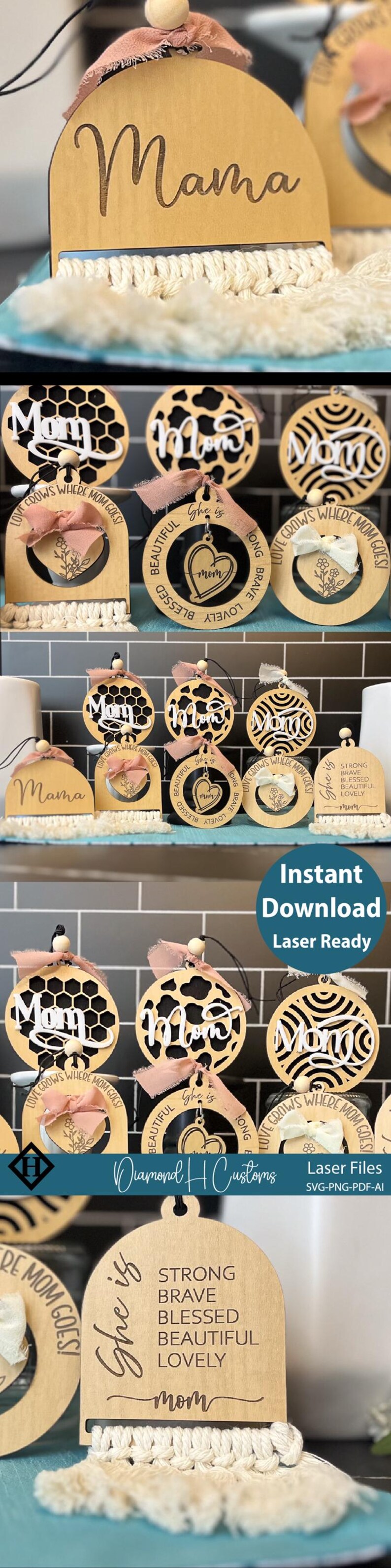 May include: A set of laser-cut wooden ornaments with different designs featuring the word "Mom". The ornaments are decorated with a variety of patterns, including honeycomb, hearts, and swirls. The ornaments are laser-ready and come with SVG, PNG, PDF, and AI files.