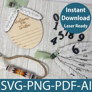 Decoración de habitación de bebé nativo americano Archivo cortado con láser Estilo boho Signo de nacimiento para recién nacido SVG Diseño tribal SVG Estadísticas de bebé SVG Gráfico semanal de crecimiento digital