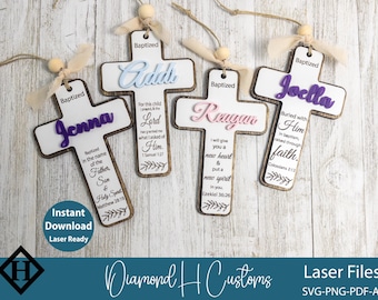 Adorno de cruz de bautismo, archivo cortado con láser, regalo de bautismo personalizado SVG, cruz con nombre cristiano, Glowforge, descarga instantánea, regalo de bautismo láser