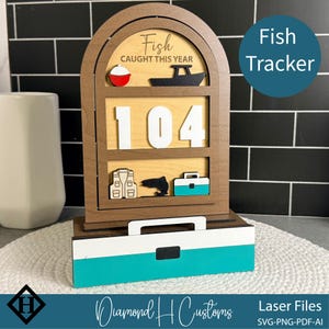Digital Laser File Wooden Fishing Counter Display Spinning Tracker Gone Fishing Sign Fish Caught Counter Two Sided Design Tackle Box Base Drawer Storage Numbers Interchangeable Elements Perfect Fisherman Gift Father Day Present Cabin Decor
