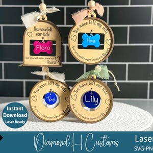 Op de afbeelding: Houten gedenkornamenten voor huisdieren met namen als "Flora", "House", "Tensi" en "Lily". Elk ornament heeft een uitgesneden ontwerp, een lint en de tekst "You have left our side but you will never leave our Hearts."