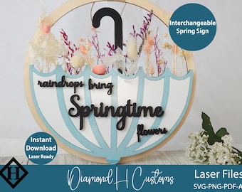 Arquivo de corte a laser para placa de primavera intercambiável, decoração floral de primavera, download instantâneo SVG, arquivo pronto para laser, placa de guarda-chuva de primavera SVG