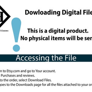 May include: A blue and white graphic with the text "Downloading Digital Files" and "This is a digital product. No physical items will be sent."  The graphic also includes instructions on how to access the file.