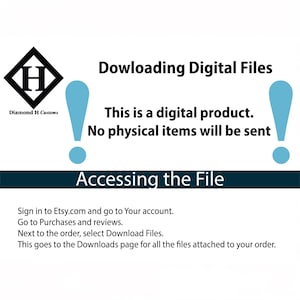 May include: Image with text explaining how to download digital files from Etsy. The text includes "Dowloading Digital Files", "This is a digital product. No physical items will be sent", and instructions on accessing the file.