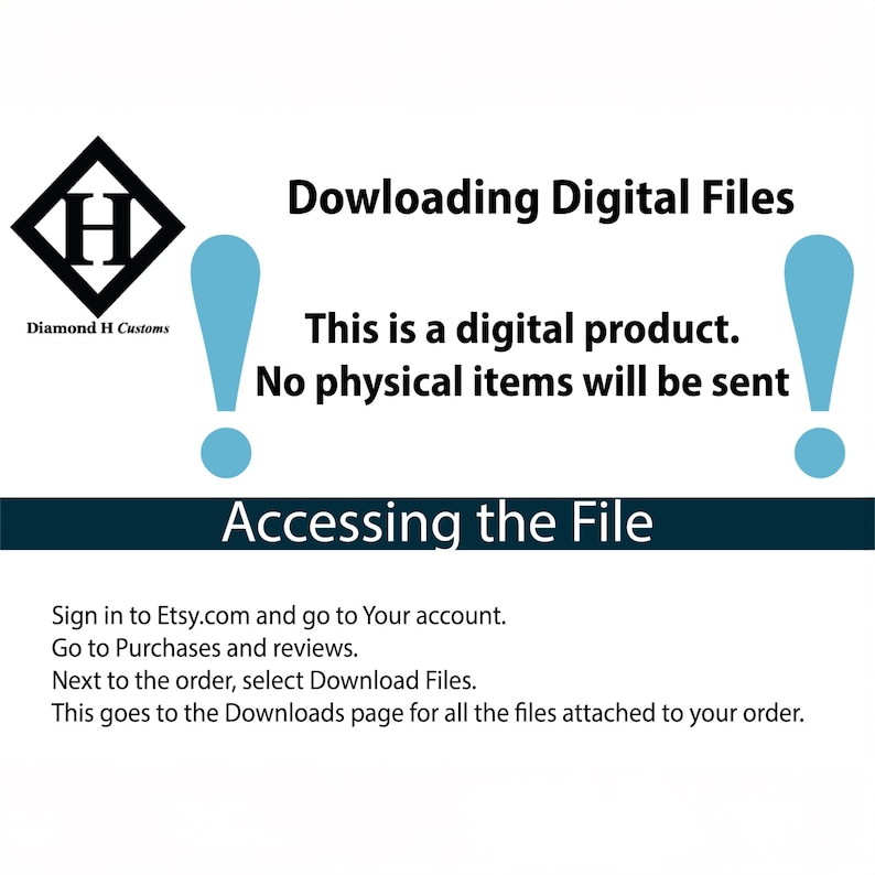 May include: Image with text explaining how to download digital files from Etsy. The text includes "Dowloading Digital Files", "This is a digital product. No physical items will be sent", and instructions on accessing the file.