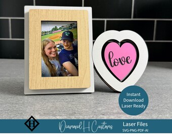 Cadre photo en bois découpé au laser fichier Svg Photo de couple Saint-Valentin idée cadeau cadeau romantique présentoir de bureau coeur tournant message cadre table