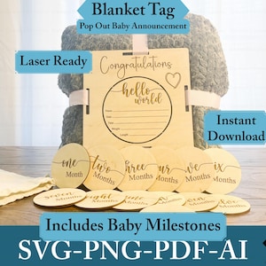 Etiqueta de cobertor Anúncio digital de bebê Arquivos SVG cortados a laser Marcador de marco mensal Estatísticas de nascimento Placa de madeira faça você mesmo para novos pais Design de artesanato personalizado