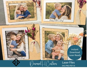 Cadre photo fête des mères fichier laser conception Svg modèle numérique décoration florale présentoir en bois Style portrait cadeau rustique fête des mères
