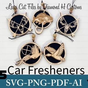 Laser geschnittene Auto Lufterfrischer SVG Bundle, Naturliebhaber Auto Anhänger Dateien, Jäger Angeln Dekor, Elch Deer Ente Fasan Bass Designs, Auto Anhänger SVG