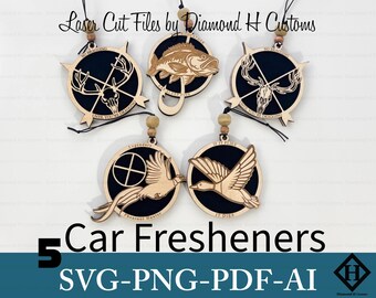 Laser Cut Car Freshener SVG Bundle, Outdoorsman Car Charm Files, Hunter Fishing Decor, Elk Deer Duck Pheasant Bass Designs, Car Charm SVG
