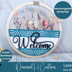 Cartello di benvenuto primaverile intercambiabile, file tagliato al laser per progetti fai da te, decorazioni per la casa in formato SVG, design moderno, decorazioni con fiori secchi in formato SVG, decorazioni per fattoria laser