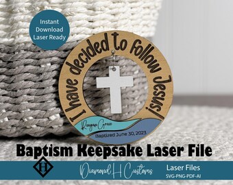 Aimant souvenir de baptême, fichiers découpés au laser, modèle de cadeau de baptême Svg, croix religieuse personnalisée, découpe circulaire en bois numérique