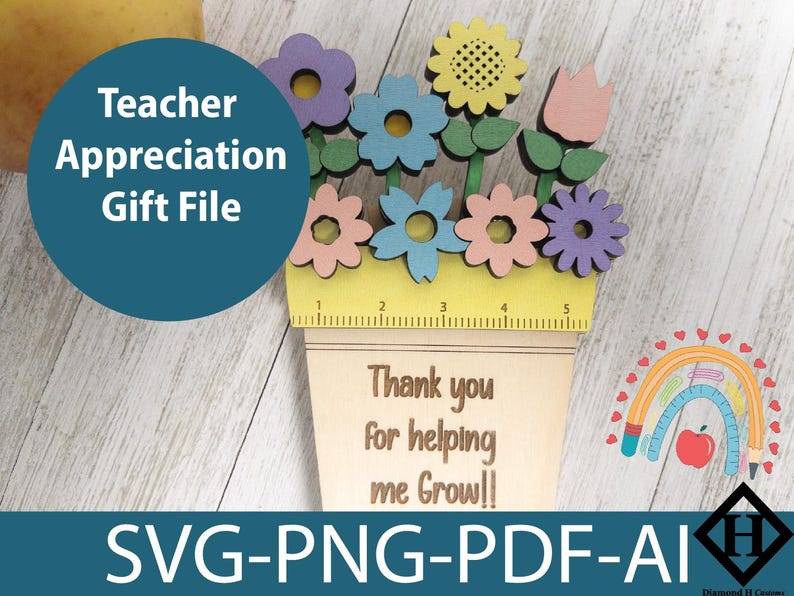 Teacher Appreciation Gift Laser Cut File Flower Pot Ruler SVG Thank You ...