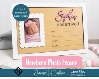 Modèle d'affichage de stat de naissance de cadre de faire-part de bébé fichier découpé au laser Svg conception numérique chambre d'enfant mur Art déco nouveau-né photo souvenir souvenir