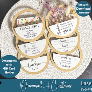 May include: Wooden teacher-themed ornaments with gift card holders. Each ornament features a unique quote about teaching, with a natural wood finish and white accents. Some ornaments contain dried flowers.