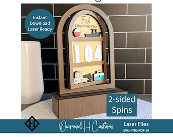 Affichage de comptoir de pêche fichier laser à télécharger, cadeau pêcheur numérique pour papa passionné, boîte à pêche en bois design, traqueur de poisson en bois