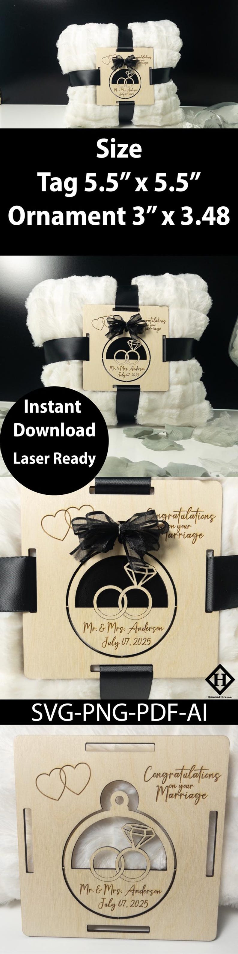 May include: A wooden ornament featuring a ring design with the inscription "Congratulations on your marriage" and "Mr. & Mrs. Anderson July 07, 2025". The ornament measures 3 inches by 3.48 inches. A white faux fur blanket is in the background.