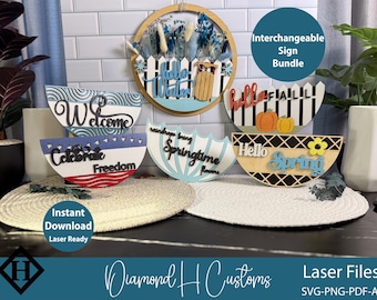 Interchangeable Sign Laser Cut Files Bundle Seasonal Door Decor SVG Digital Spring Summer Fall Winter Patriotic Sign Everyday Welcome Sign