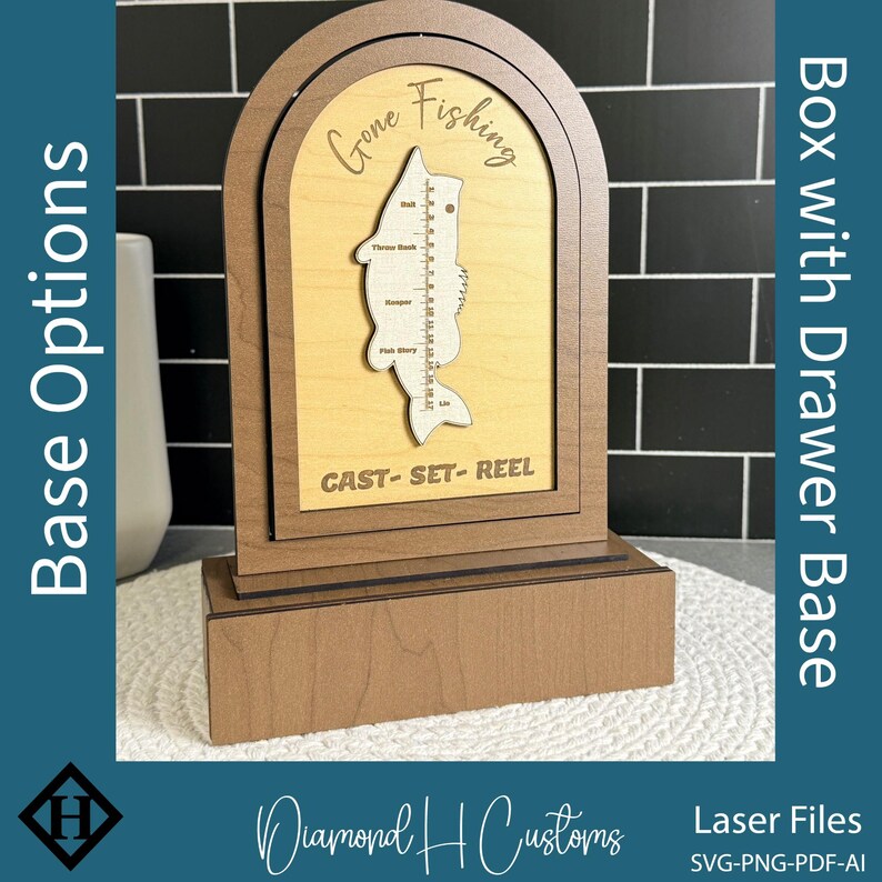 Laser Cutting File Digital Download Wooden Fishing Counter Display Project DIY Fisherman Gift Tackle Box Design Fish Caught Tracker Gone Fishing Sign Perfect Father Day Present Spinning Counter Numbers Interchangeable Elements Cabin Decor