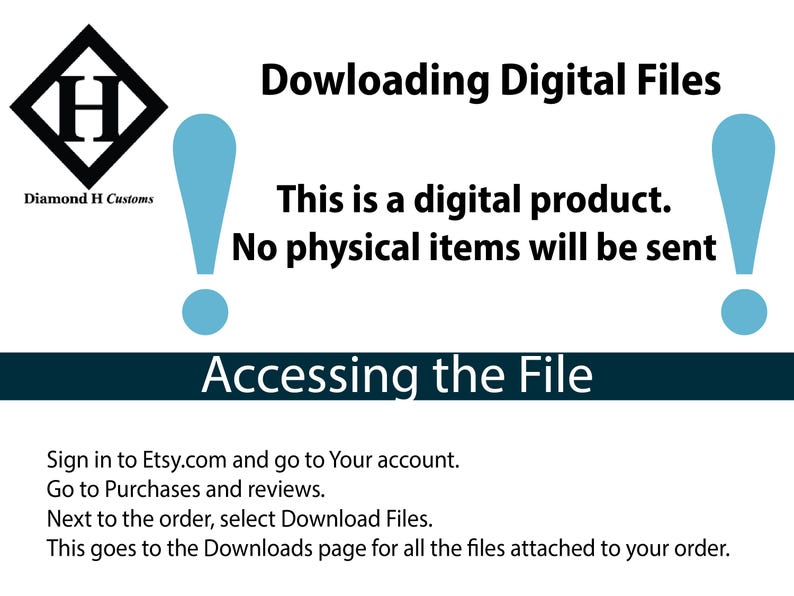 May include: A blue and white graphic with the text "Downloading Digital Files" and "This is a digital product. No physical items will be sent."  The graphic also includes instructions on how to access the file.