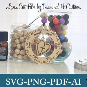 May include: A wooden laser-cut pendant with a heart and cross design, surrounded by inspirational words. The image also shows glass jars filled with wooden beads and colorful spheres, along with essential oil bottles. Text on the image reads "Laser Cut Files by Diamond H Customs" and "SVG-PNG-PDF-AI".