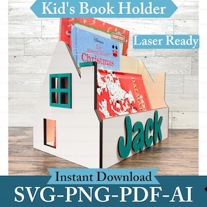 Verhalenboekhouder lasergesneden bestand kinderboekencaddy digitaal bestand verhalenboekhouder SVG verhalenboek-displaystandaard laserbestand kinderboekendrager