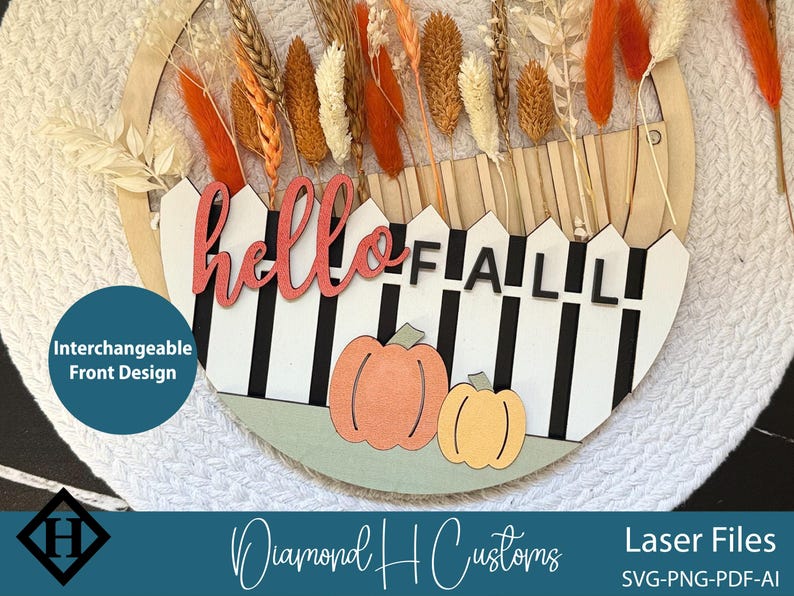 Interchangeable Hello Fall Sign SVG Laser Cut File Autumn Pumpkin Door ...