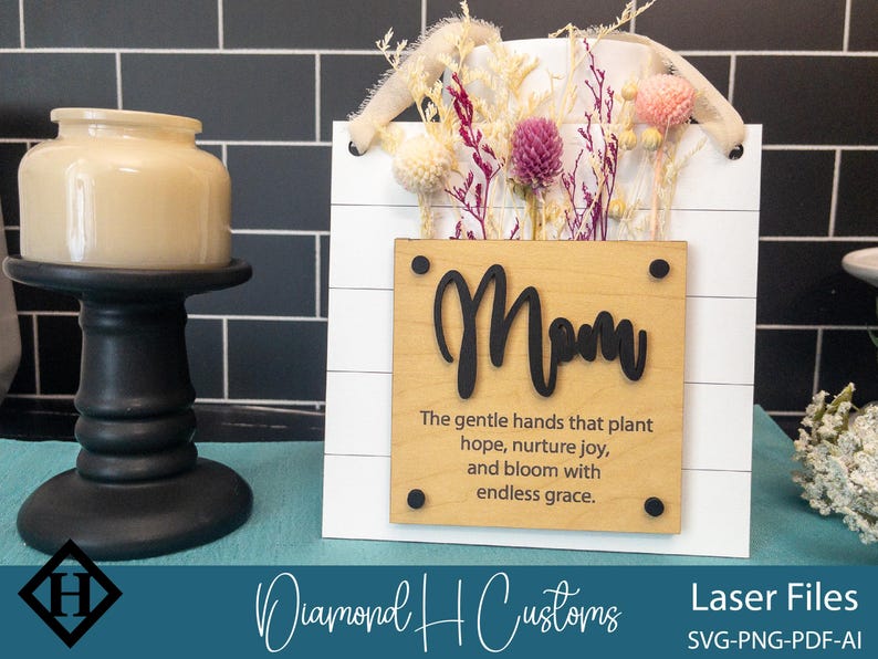 DIY Mother's Day wall decor SVG with dried flower pocket and Mom lettering perfect for laser cutting crafts