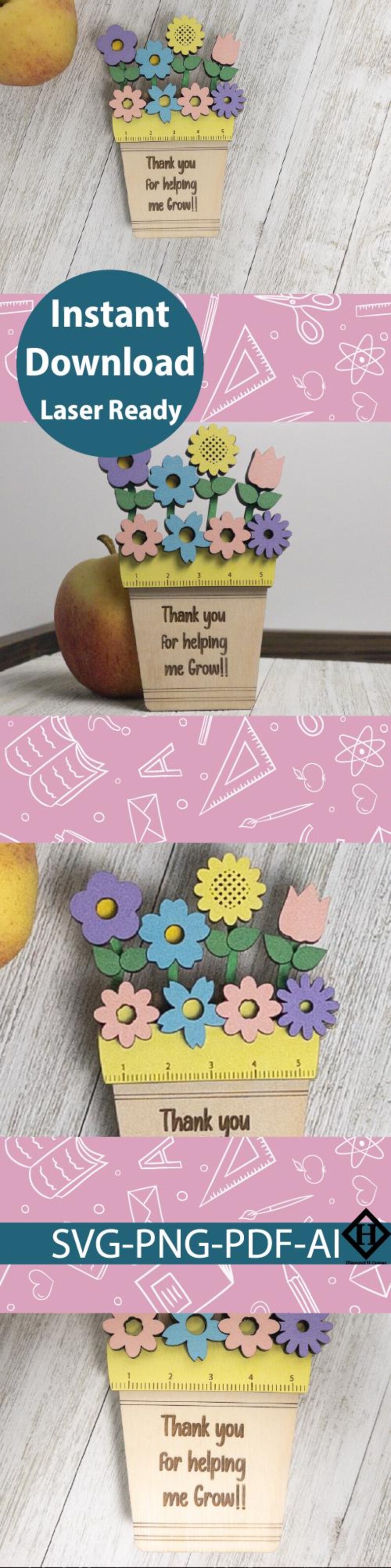 Teacher Appreciation Gift Laser Cut File Flower Pot Ruler SVG Thank You ...