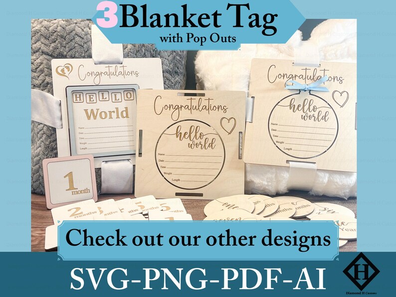 May include: Three wooden blanket tags with pop-out elements. The tags are decorated with the text "Congratulations", "Hello World", and a circle with the text "Hello World". The tags are designed for a baby shower or new baby gift.