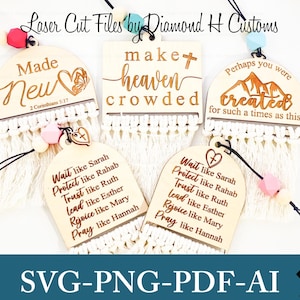 May include: Five laser cut wooden signs with inspirational quotes and phrases. The signs are decorated with tassels and beads. The signs include the phrases "Made New", "Make Heaven Crowded", "Perhaps You Were Created for Such a Time as This", "Wait Like Sarah, Protect Like Rahab, Trust Like Ruth, Lead Like Esther, Rejoice Like Mary, Pray Like Hannah", and "Wait Like Sarah, Protect Like Rahab, Trust Like Ruth, Lead Like Esther, Rejoice Like Mary, Pray Like Hannah".