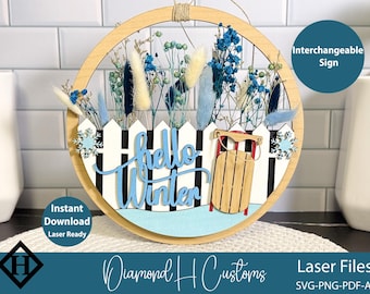 Hello Winter Interchangeable Door Hanger Laser Cut Files Winter Round Sign SVG Seasonal Porch Sign Christmas Holiday Layered Design Digital