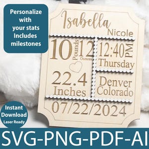 Faire-part de naissance pour bébé, accessoire photo en téléchargement numérique, nom de bébé, signe pour nouveau-né, photo mensuelle, cartes pour bébé, téléchargement pour chambre d'enfant